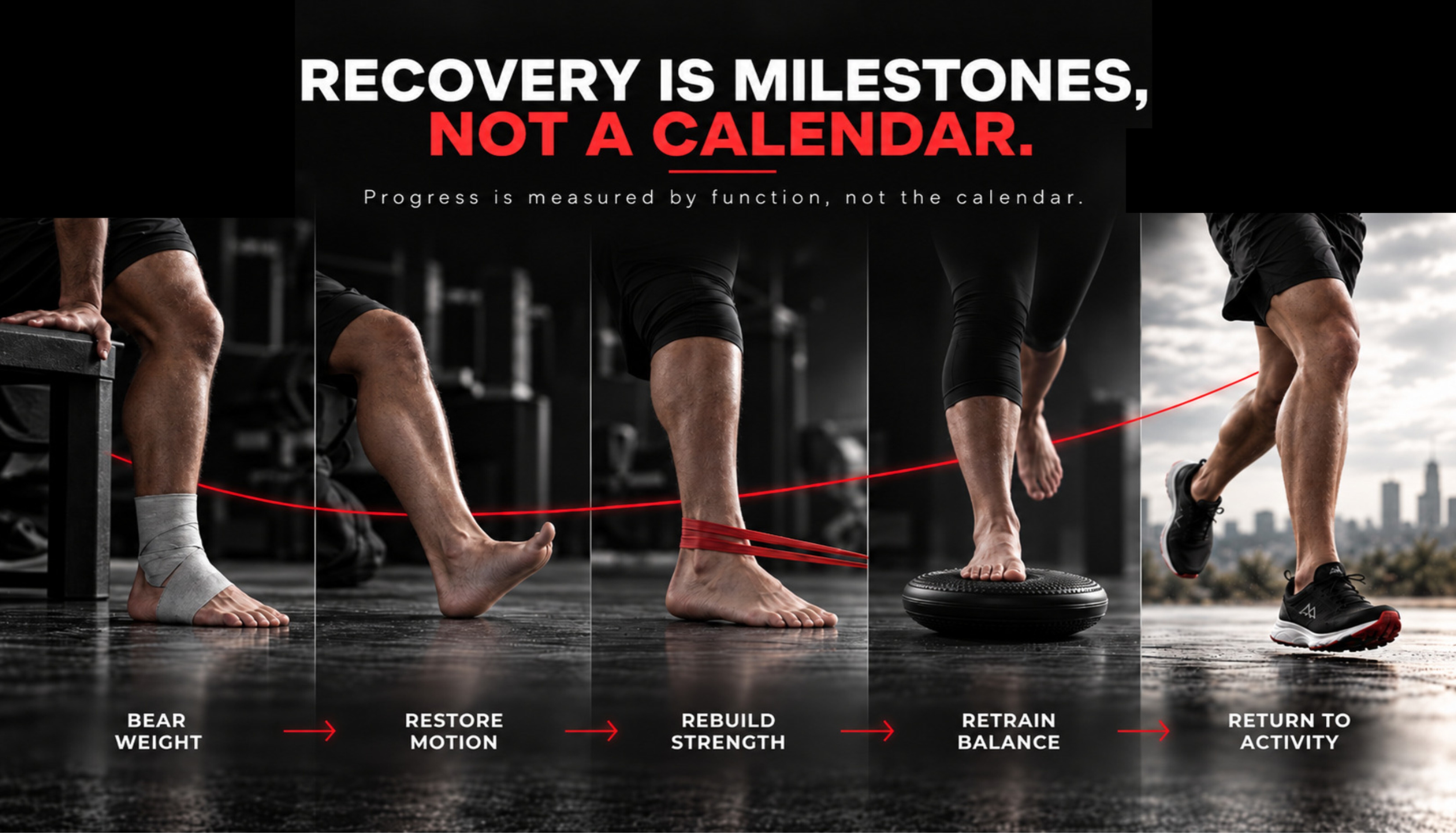 Five-stage ankle recovery milestone map: bear weight, restore motion, rebuild strength, retrain balance, return to activity