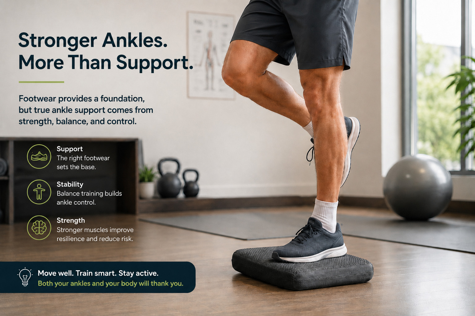 Person performing a single-leg balance exercise showing proprioceptive training for ankle stability alongside structured footwear