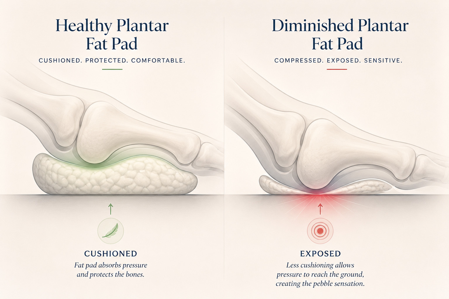 Diagram showing normal versus disrupted pressure distribution across the five metatarsal heads during the push-off phase of gait