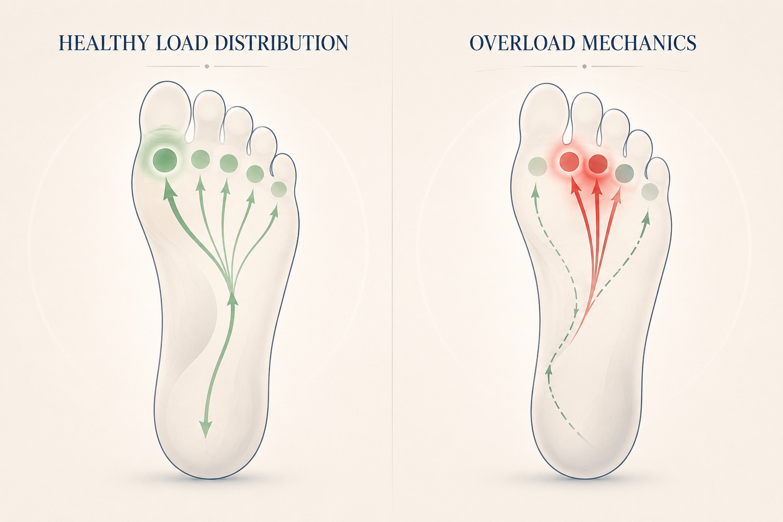 Diagram showing normal versus disrupted pressure distribution across the five metatarsal heads during the push-off phase of gait