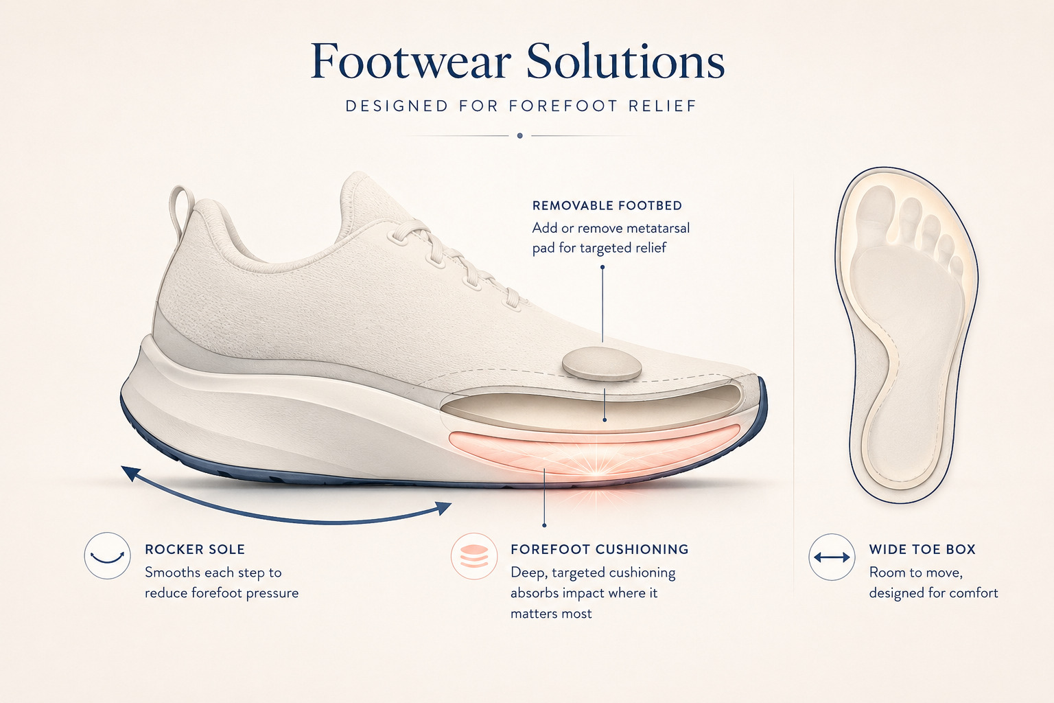 Cross-section diagram of a shoe showing rocker sole geometry, forefoot cushioning depth, wide toe box, and removable insole for metatarsal pad placement