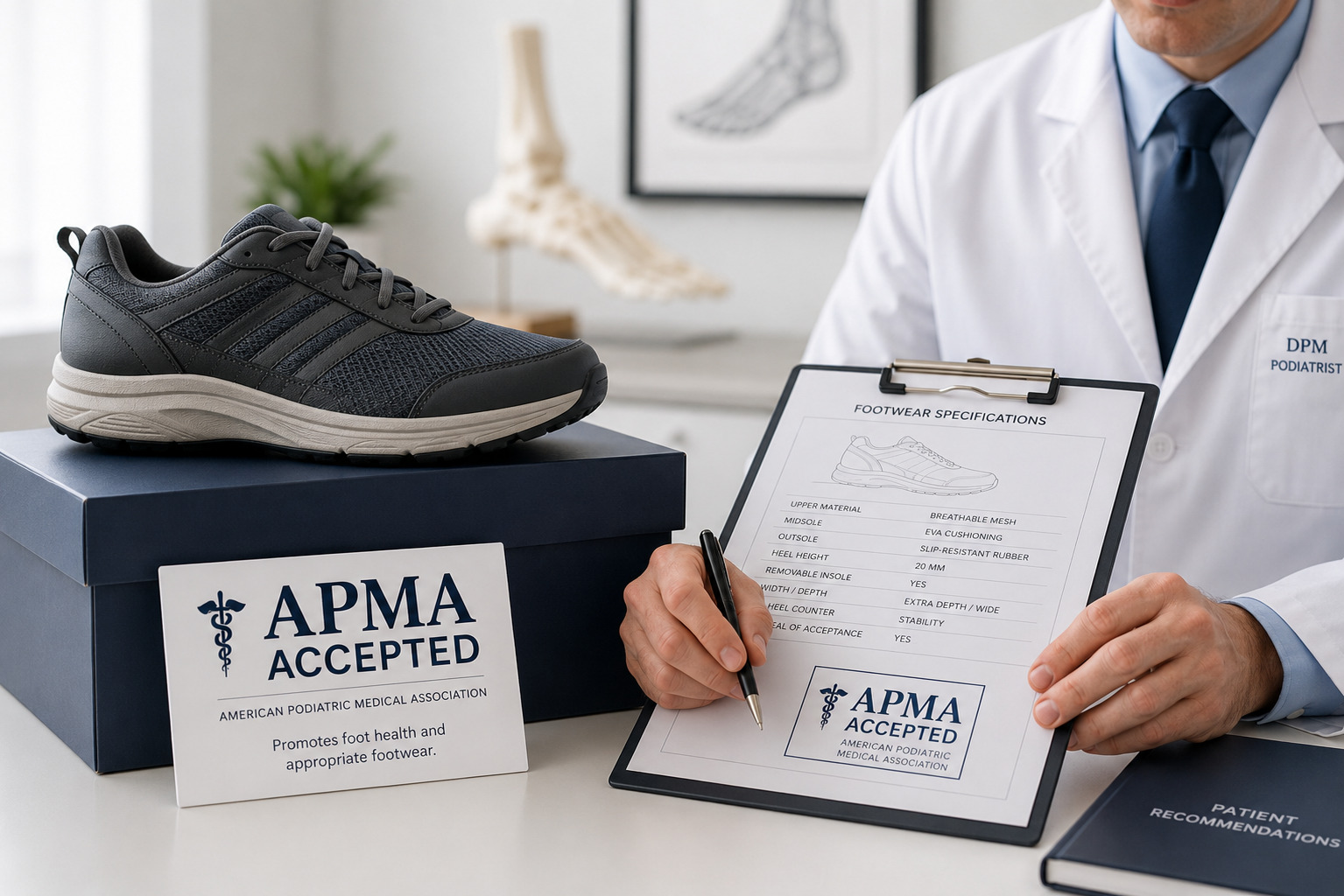 APMA Seal of Acceptance on a shoe box alongside a podiatrist reviewing shoe specifications - clinical verification in footwear selection