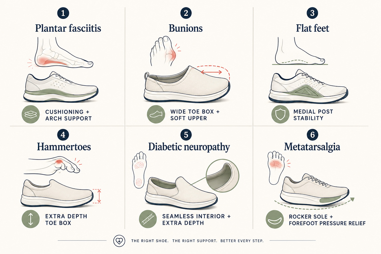 Grid showing six foot conditions and the primary shoe construction feature each one requires - plantar fasciitis, bunions, flat feet, hammertoes, diabetic neuropathy, metatarsalgia