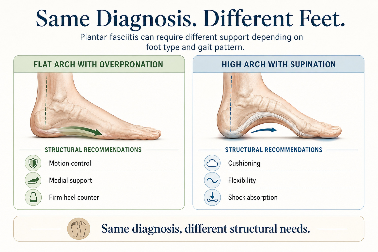 Diagram showing how the same diagnosis of plantar fasciitis maps to different treatment recommendations depending on foot type, arch height, and gait pattern