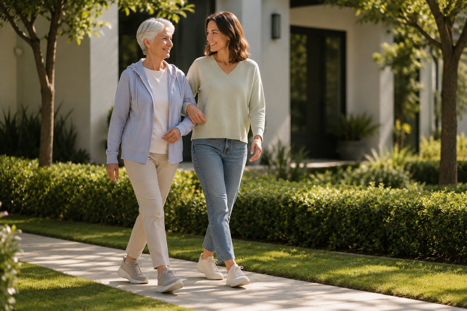 Older adult walking confidently at home - the right footwear features support stability more than overall shoe bulk