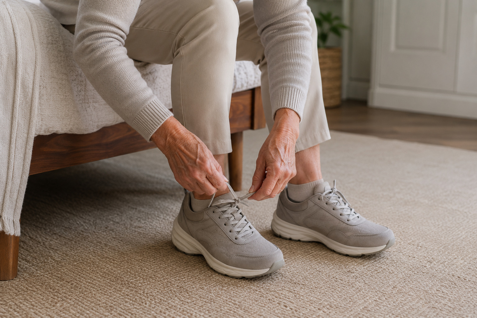 Older adult putting on walking shoes at home - footwear choice plays a bigger role in fall prevention than most people realize