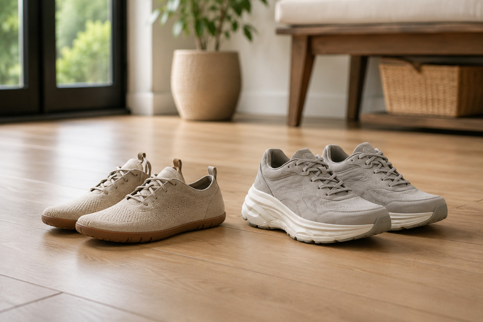 Minimalist shoes next to cushioned walking shoes side by side - neither style is universally safer for fall prevention in older adults