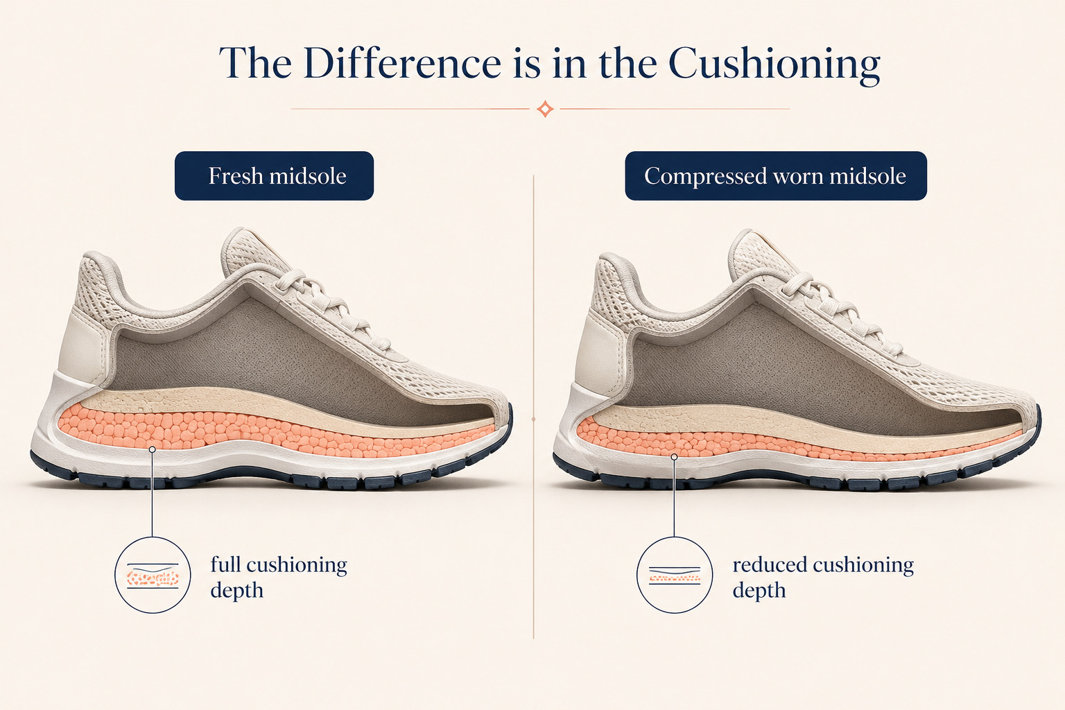 Cross section comparison of a fresh shoe midsole versus a compressed worn midsole showing reduced cushioning depth after extended use