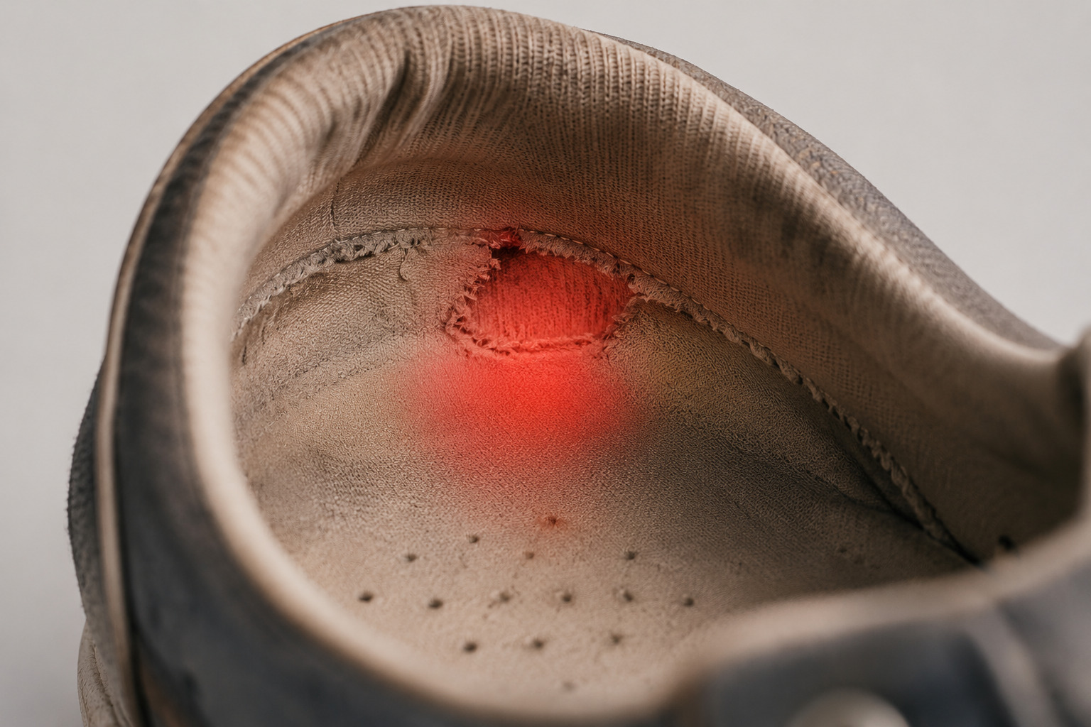Close up of a worn shoe interior seam, representing a pressure point that can go unnoticed with reduced foot sensation