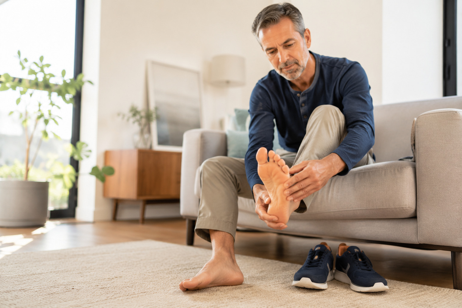 A person inspecting the sole of their foot, representing the daily foot check recommended for people at risk of diabetic nerve changes