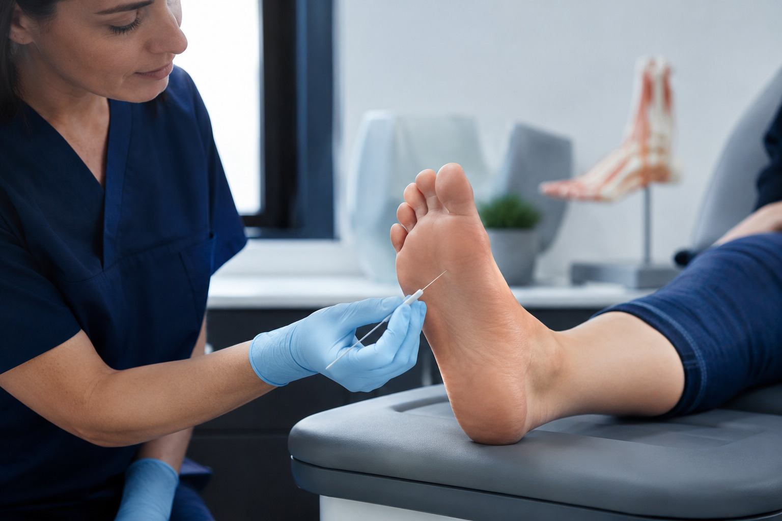 A podiatrist performing a monofilament sensation test on a patient's foot