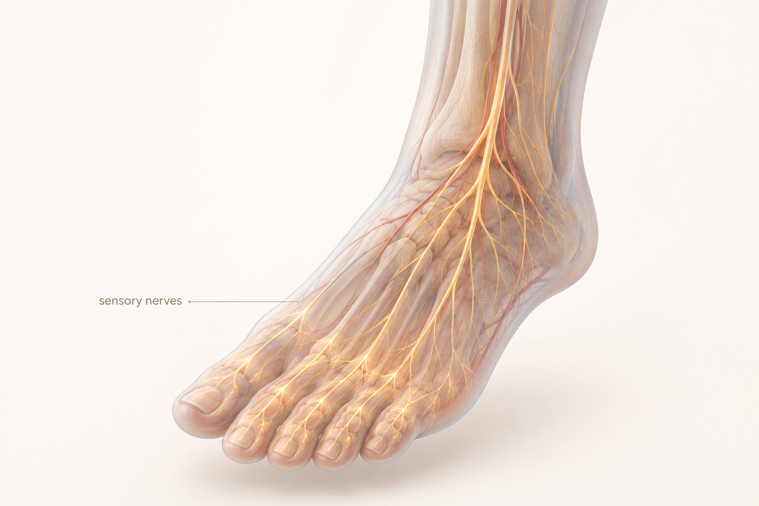 Illustration of nerve pathways in the foot, representing small fiber nerve changes associated with prediabetes