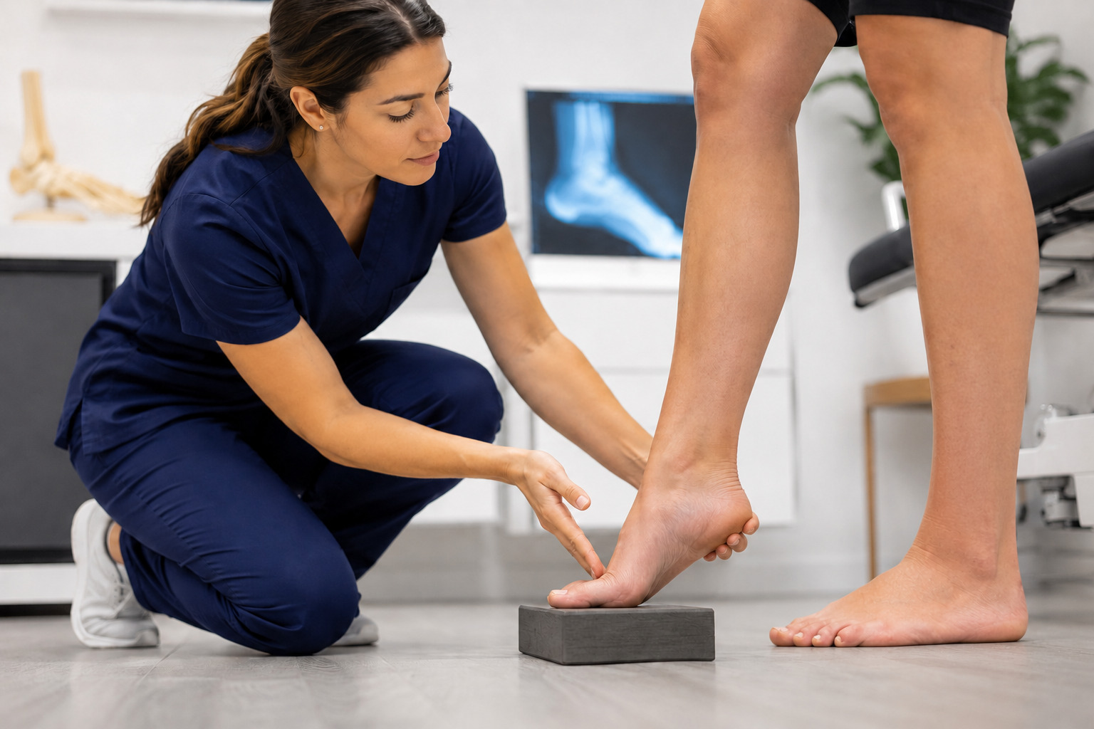 Podiatrist performing a Coleman block test on a patient to assess high arch flexibility and determine whether cavus foot is structural or neurological in origin