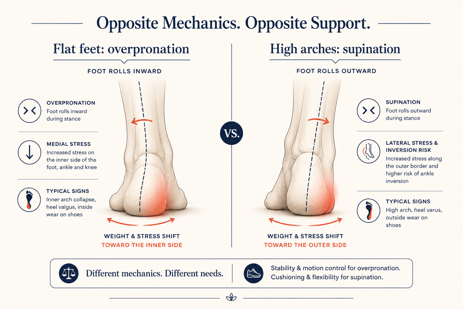 Gait analysis diagram comparing overpronation in flat feet rolling inward versus supination in high arches rolling outward, showing opposite mechanical directions and different stress points