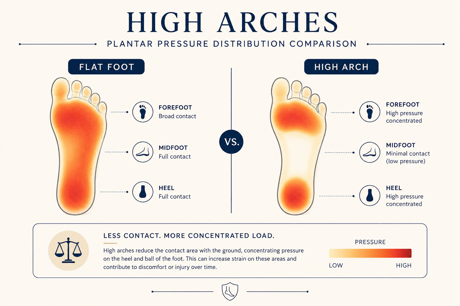 Pressure distribution comparison showing flat foot with broad even contact across the sole versus high arch foot with concentrated pressure only at heel and ball with gap at midfoot
