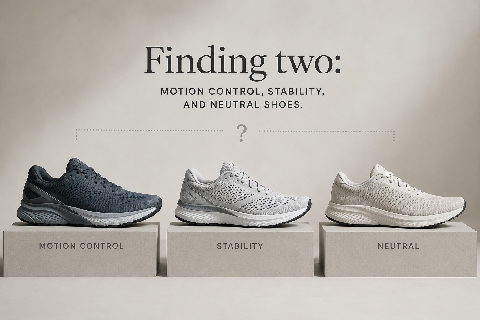 Three distinct pairs of running shoes representing motion control, stability, and neutral categories side by side