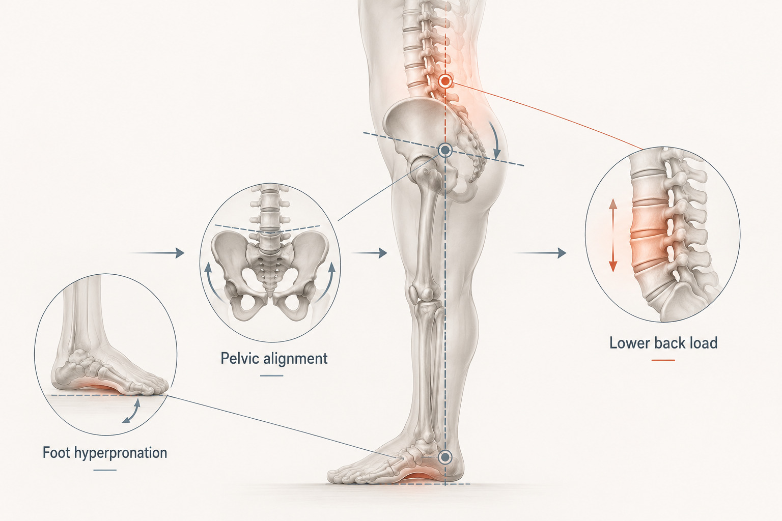Illustration of the pelvis and lower spine showing postural changes associated with foot hyperpronation
