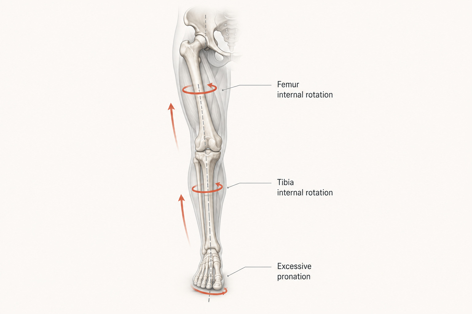 Diagram showing internal rotation of the tibia and femur resulting from excessive foot pronation