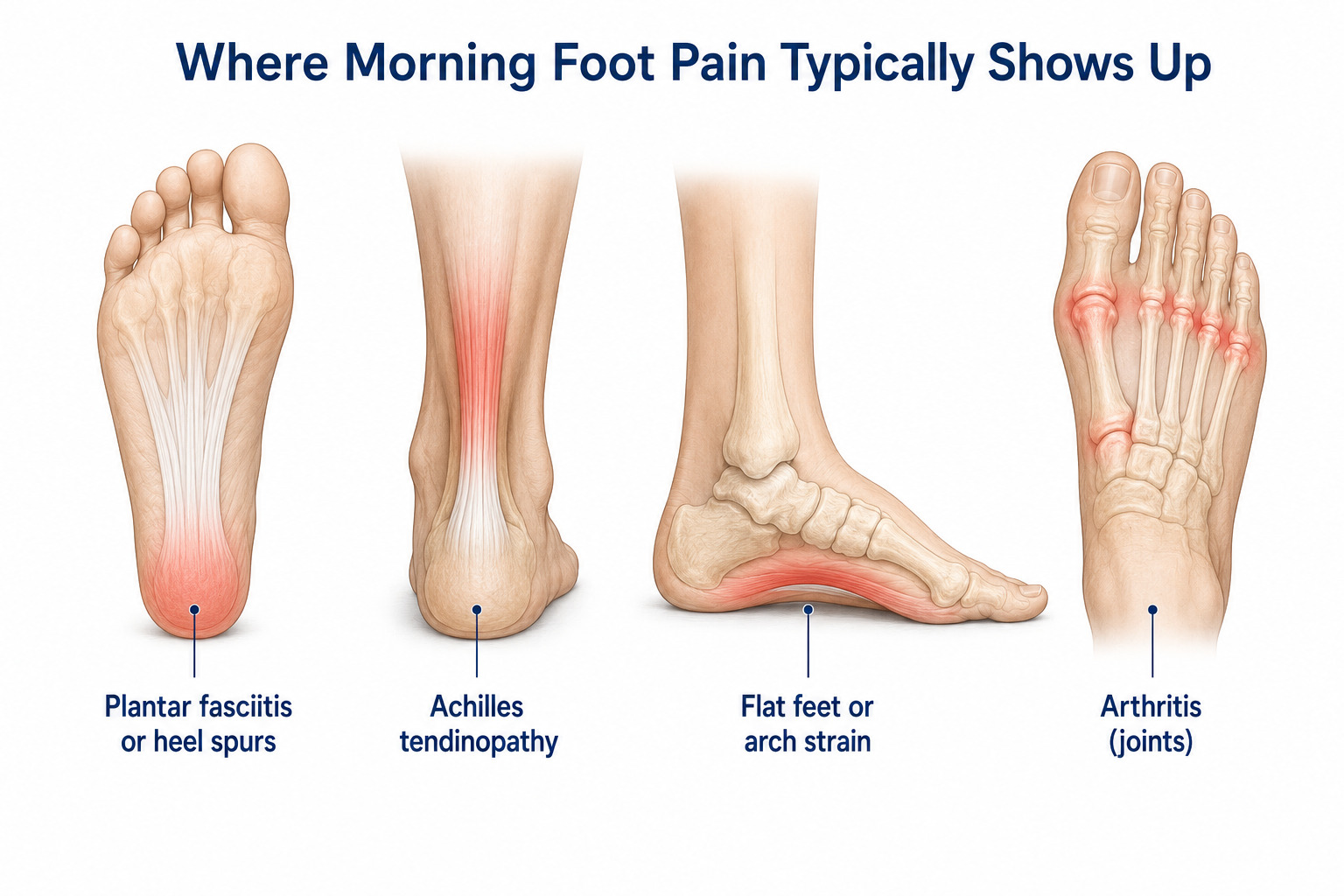 Foot diagram showing four distinct morning pain locations: heel underside for plantar fasciitis and heel spurs, back of ankle for Achilles tendinopathy, arch for flat feet, and joint areas for arthritis