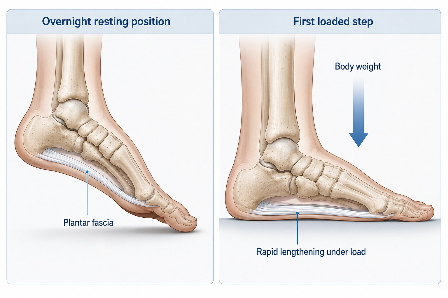Diagram showing foot in plantarflexed overnight position versus loaded standing position and plantar fascia lengthening