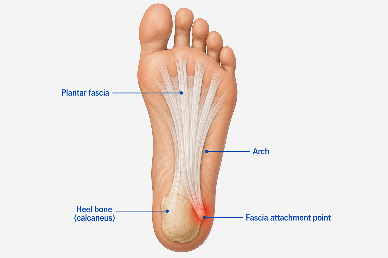 Underside view of the foot showing the plantar fascia running from heel bone to toe base with the calcaneal attachment point highlighted