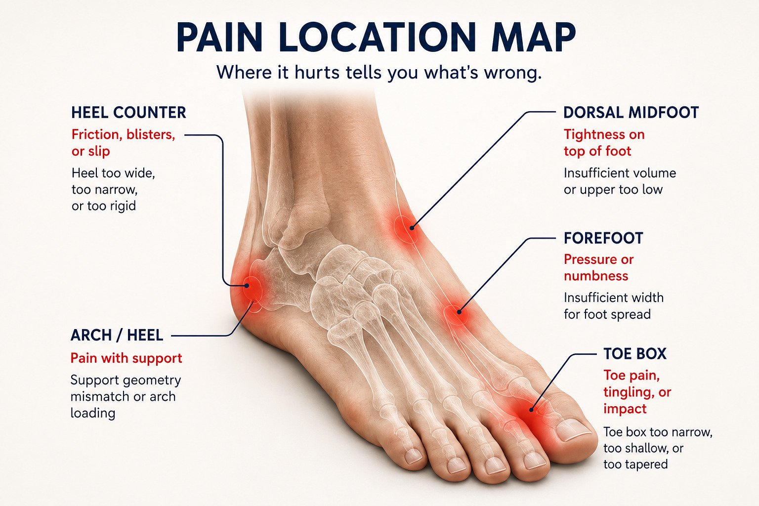 Foot diagram showing pain location map. Heel counter friction, forefoot compression, arch loading, toe box pressure, and dorsal midfoot tightness in new shoes