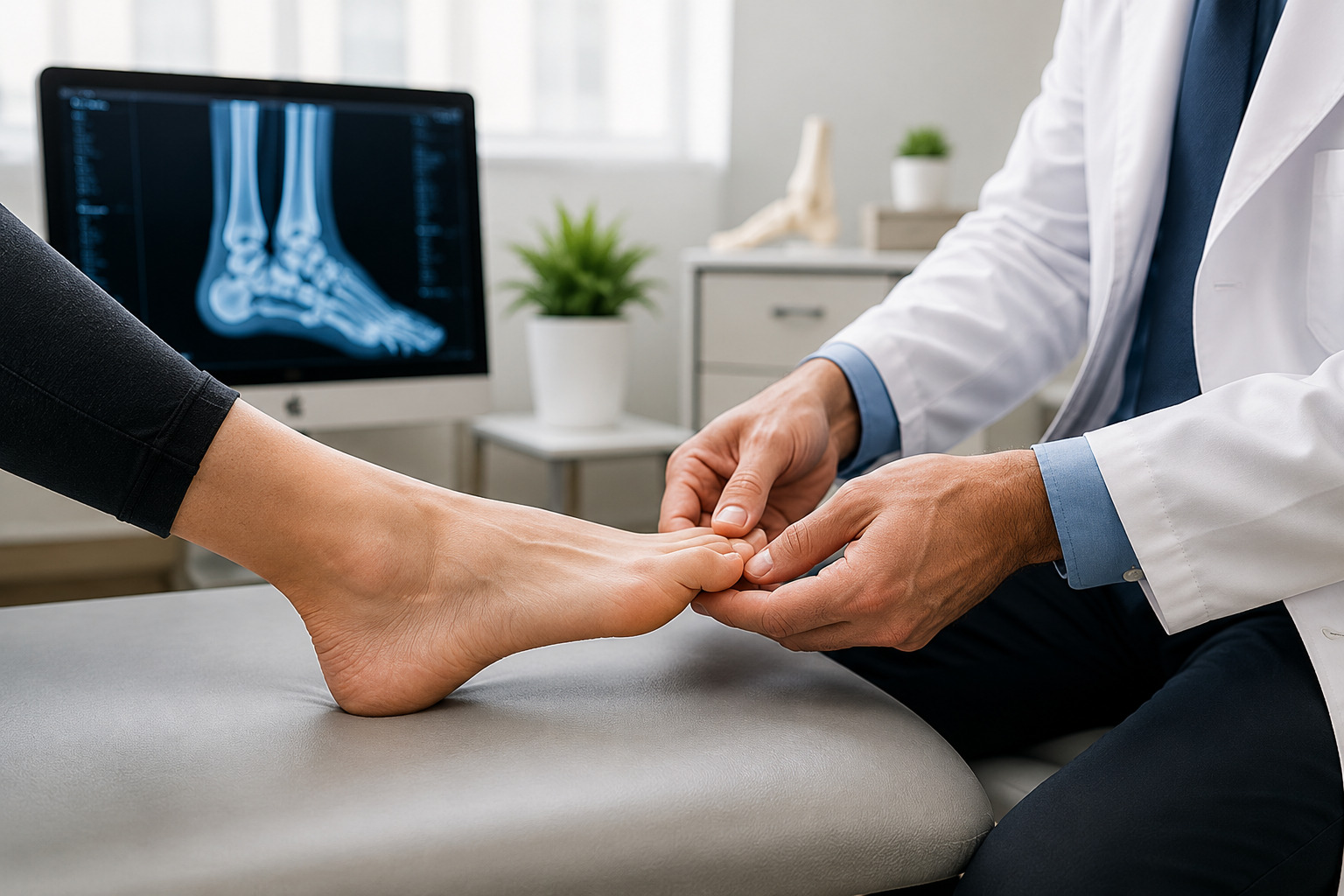 Podiatrist examining a patient's foot during a clinical footwear assessment — when new shoe pain requires professional evaluation