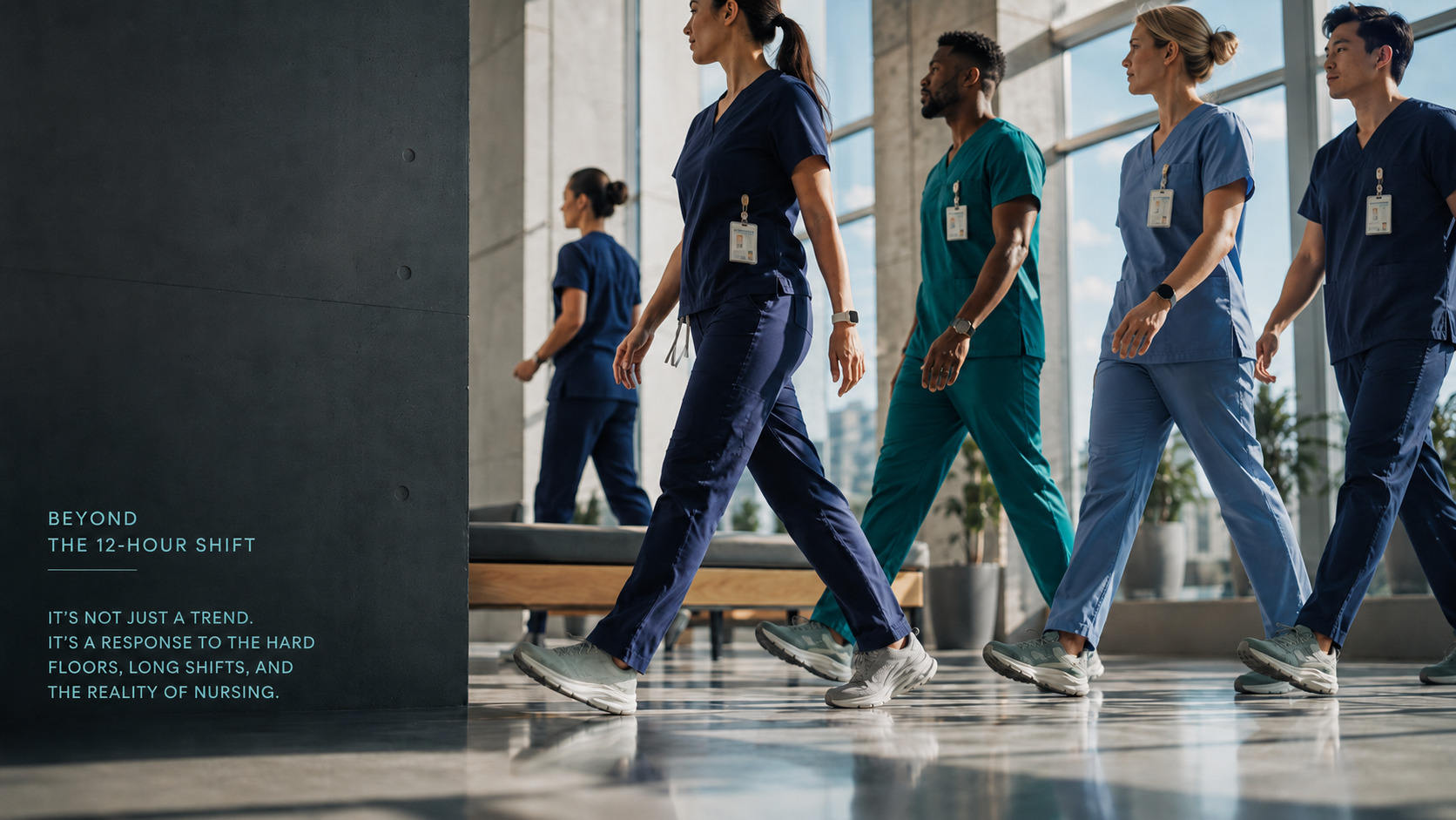 Nurse wearing HOKA shoes on a hospital floor during a long shift - occupational footwear for healthcare workers