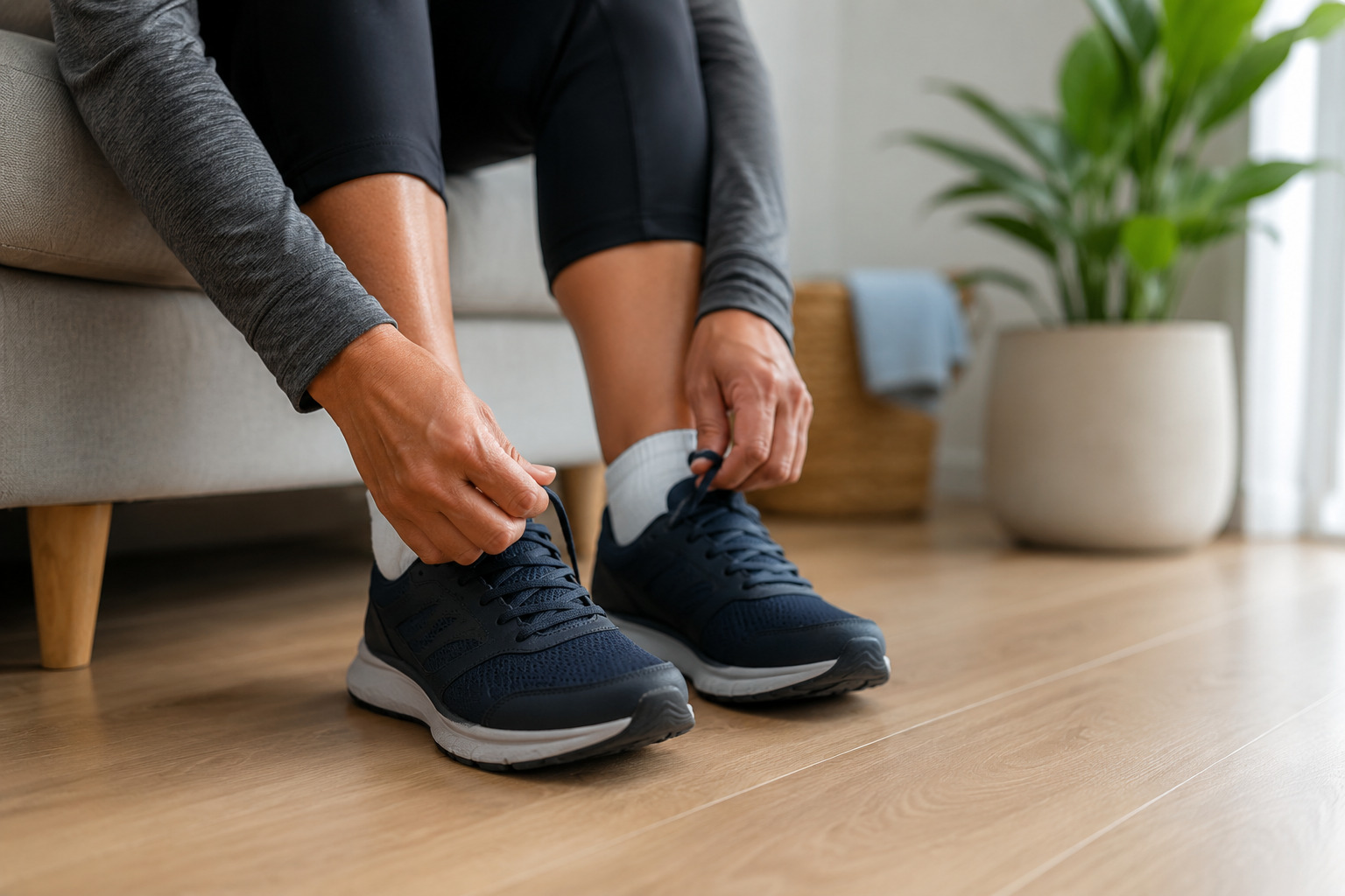Person lacing up walking shoes - regular walking is both protective against and complicated by peripheral artery disease depending on symptoms