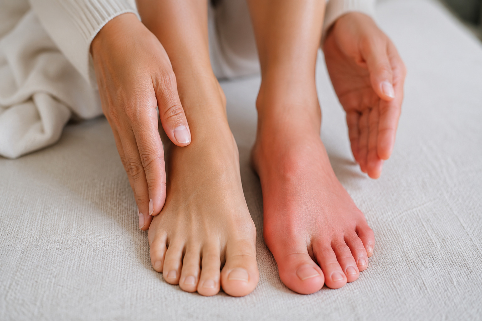 Close-up of bare feet side by side - checking for temperature and color differences between feet is a simple early screening habit