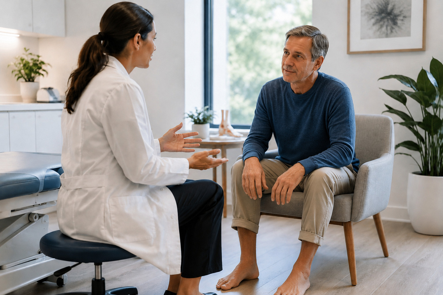 Person in a medical waiting area - recognizing circulation-related foot symptoms early leads to better outcomes with prompt medical evaluation