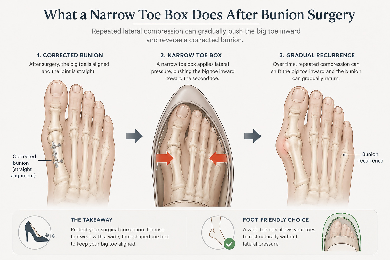 Diagram showing how narrow toe box footwear applies compressive force to a corrected bunion joint