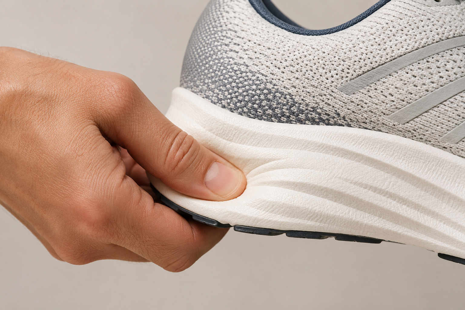 A person pressing a thumb into the midsole of a running shoe to test compression and rebound