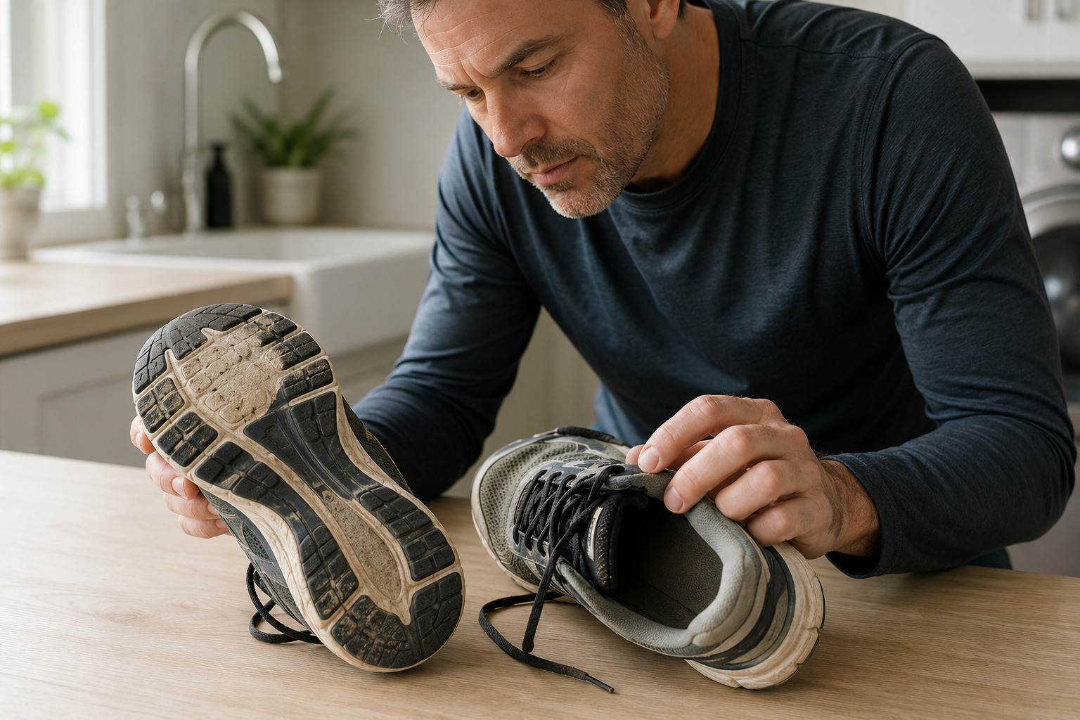 A person examining the inside and outsole of a running shoe closely before deciding whether to replace it