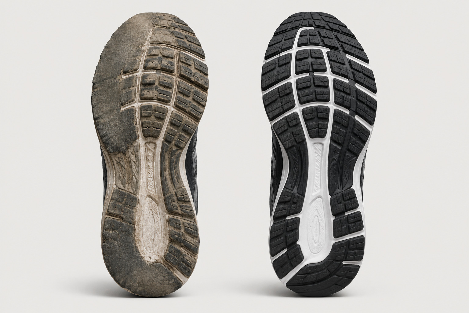 Comparison of a worn shoe outsole with uneven tread wear next to a new outsole