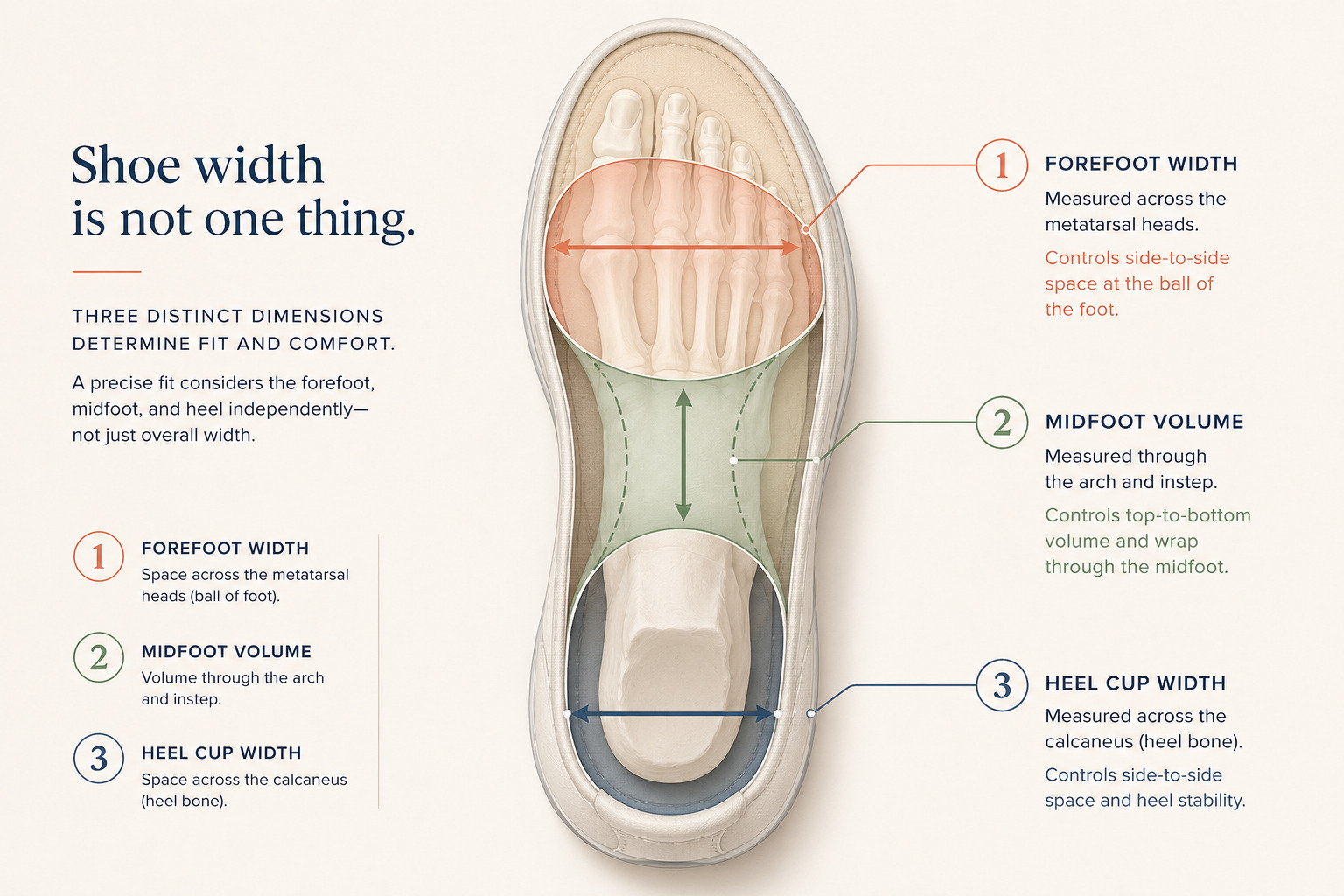 Diagram of a shoe cross-section showing the three distinct dimensions of width: forefoot width at the metatarsal heads, heel cup width at the calcaneus, and midfoot volume through the arch region