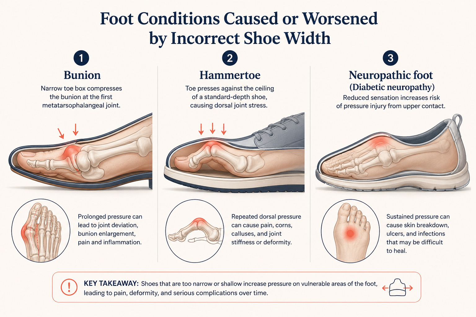 Diagram showing three conditions directly caused or worsened by incorrect shoe width — bunion progression at the first metatarsophalangeal joint, hammertoe compression at the proximal interphalangeal joint, and diabetic pressure ulcer risk from narrow upper contact