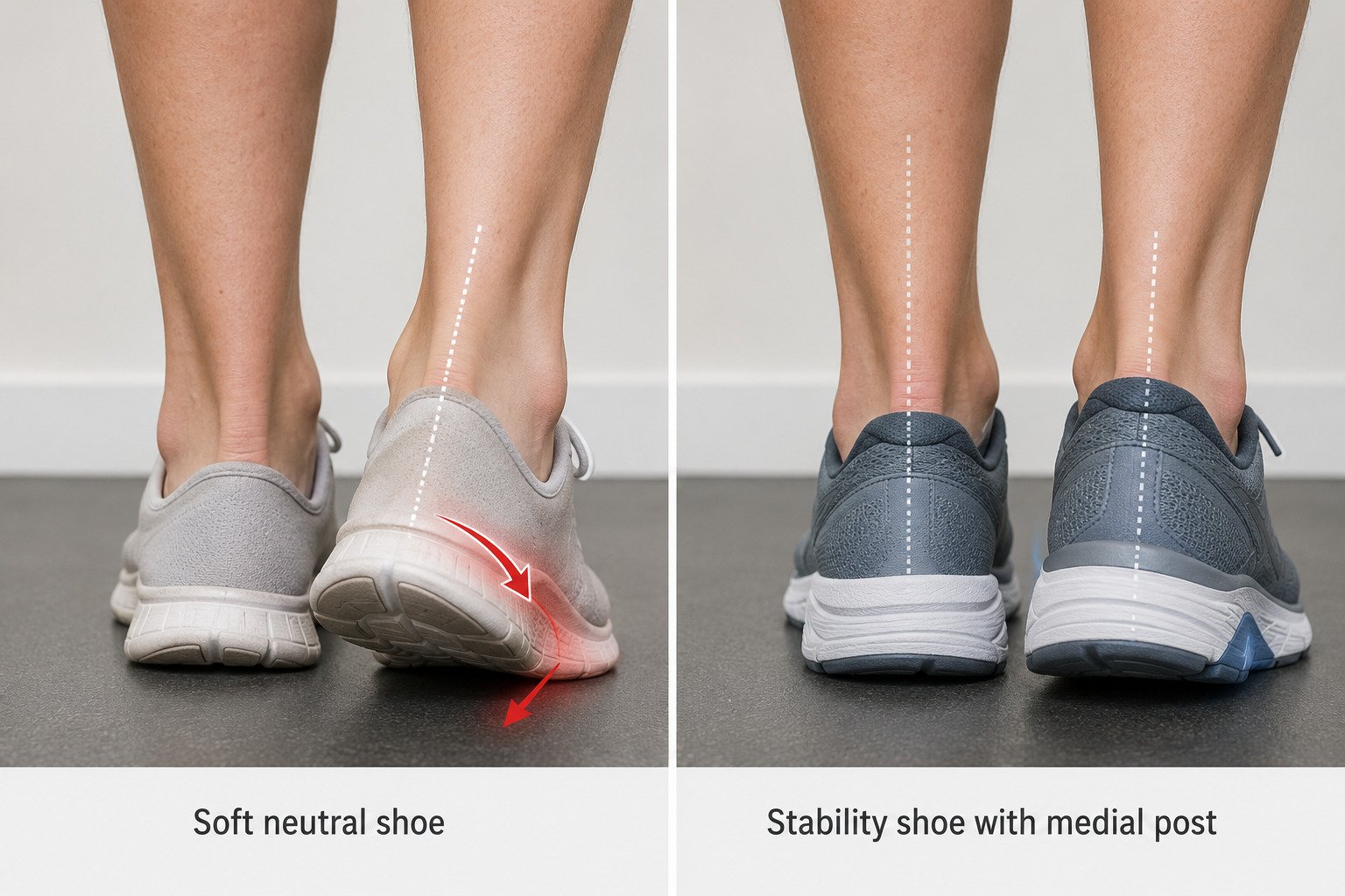 Foot pronation pattern shown in a soft neutral shoe versus a stability shoe with medial post support
