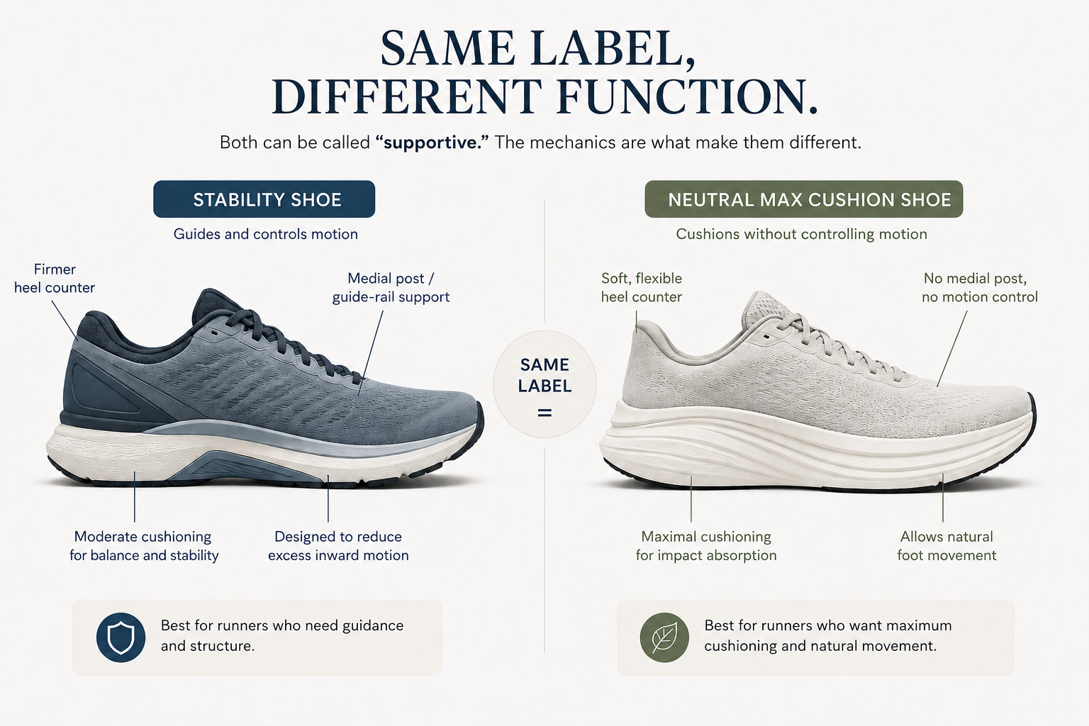Two shoes side by side both labeled supportive showing different midsole structures - one with medial post and one with neutral cushioning