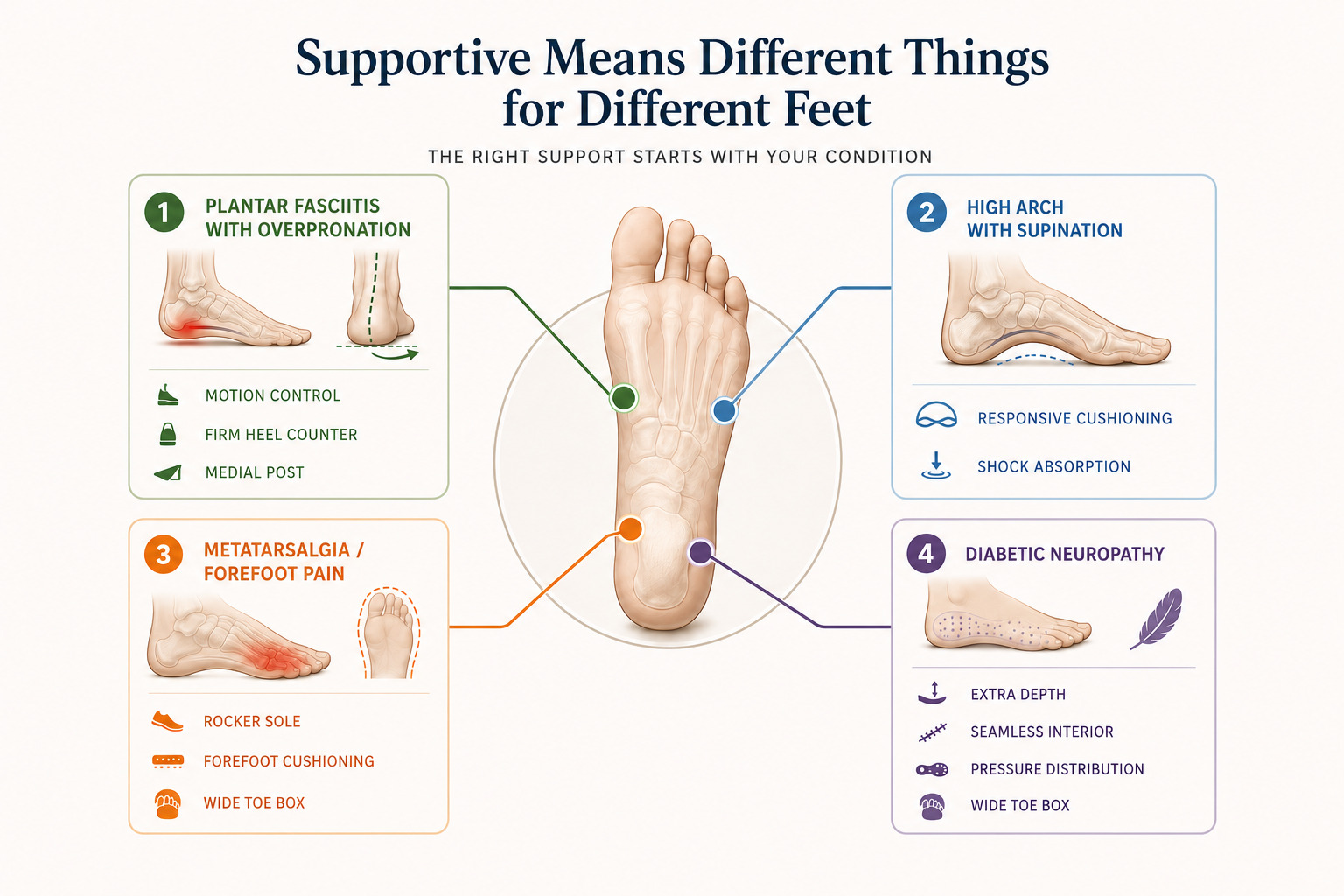 Diagram showing the different structural features required for different foot conditions demonstrating that supportive means different things for different feet
